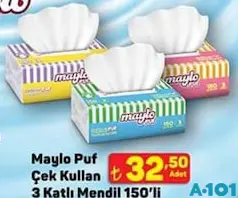 MAYLO PUF ÇEK KULLAN 3 KATLI KAĞIT MENDİL 150'Lİ fiyat ve kampanya bilgisi